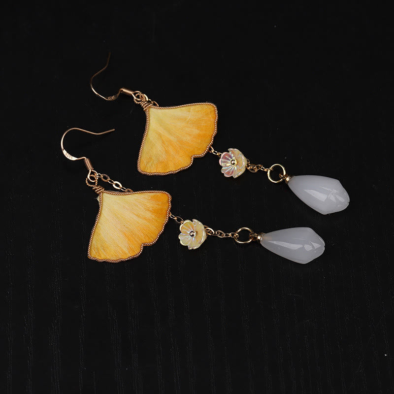 Nimara Ritual Handmade Silk Craft Yellow Ginkgo Leaf Copper Hook Good Fortune Dangle Earrings