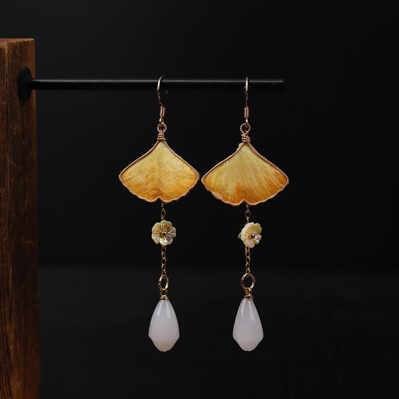 Nimara Ritual Handmade Silk Craft Yellow Ginkgo Leaf Copper Hook Good Fortune Dangle Earrings
