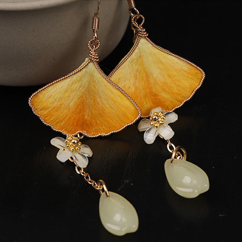 Nimara Ritual Handmade Silk Craft Yellow Ginkgo Leaf Copper Hook Good Fortune Dangle Earrings