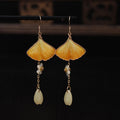 Nimara Ritual Handmade Silk Craft Yellow Ginkgo Leaf Copper Hook Good Fortune Dangle Earrings