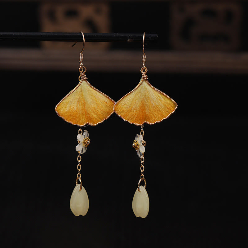 Nimara Ritual Handmade Silk Craft Yellow Ginkgo Leaf Copper Hook Good Fortune Dangle Earrings