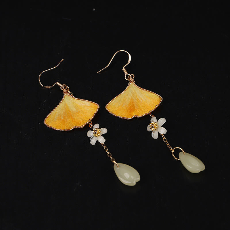 Nimara Ritual Handmade Silk Craft Yellow Ginkgo Leaf Copper Hook Good Fortune Dangle Earrings