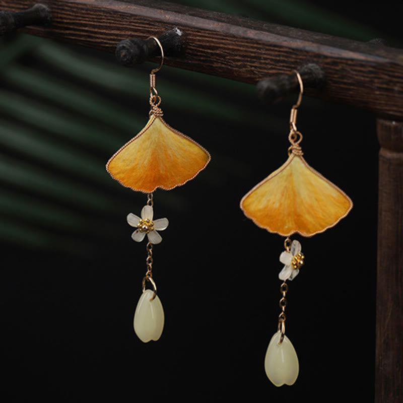 Nimara Ritual Handmade Silk Craft Yellow Ginkgo Leaf Copper Hook Good Fortune Dangle Earrings