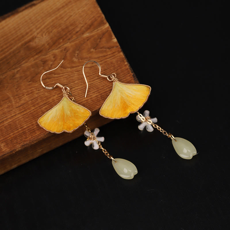 Nimara Ritual Handmade Silk Craft Yellow Ginkgo Leaf Copper Hook Good Fortune Dangle Earrings