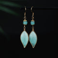 Nimara Ritual Handmade Cyan Leaf Copper Plated Silver Hook Protection Drop Earrings