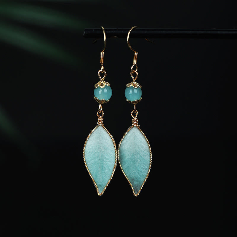 Nimara Ritual Handmade Cyan Leaf Copper Plated Silver Hook Protection Drop Earrings