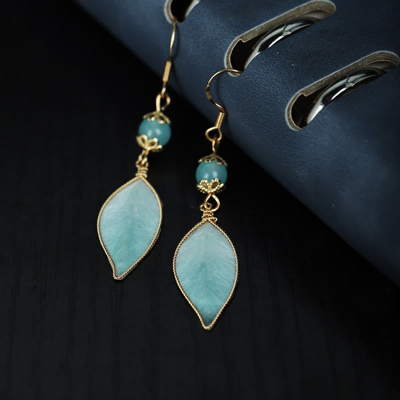 Nimara Ritual Handmade Cyan Leaf Copper Plated Silver Hook Protection Drop Earrings
