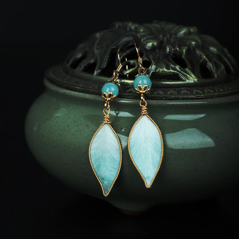 Nimara Ritual Handmade Cyan Leaf Copper Plated Silver Hook Protection Drop Earrings