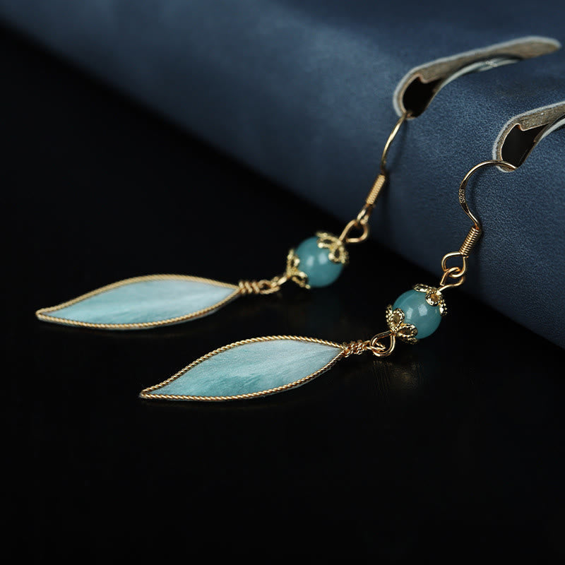 Nimara Ritual Handmade Cyan Leaf Copper Plated Silver Hook Protection Drop Earrings
