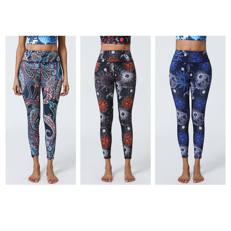 Nimara Ritual Flowers Feathers Sun Moon Print Sports Fitness Yoga High Waist Leggings Women's Pants
