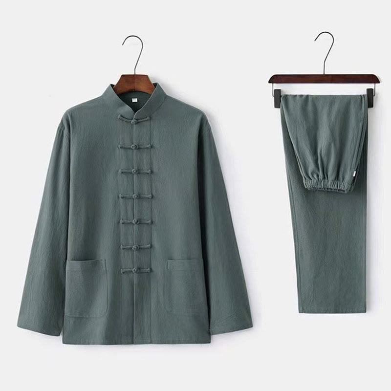 Nimara Ritual 2Pcs Tang Suit Traditional Frog-Button Uniform Long Sleeve Shirt Pants Men's Set