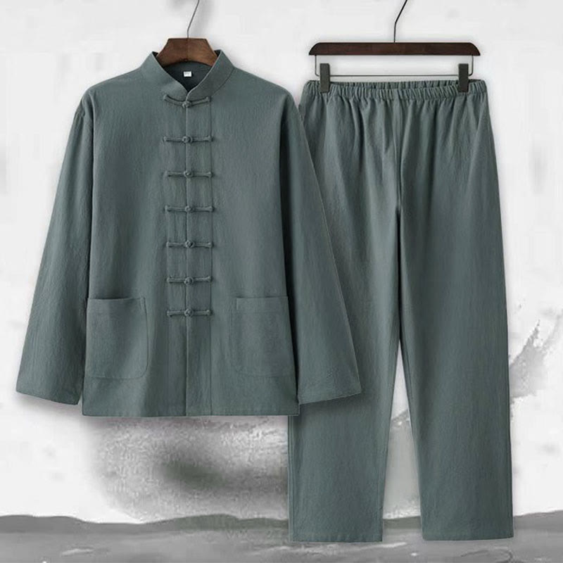 Nimara Ritual 2Pcs Tang Suit Traditional Frog-Button Uniform Long Sleeve Shirt Pants Men's Set