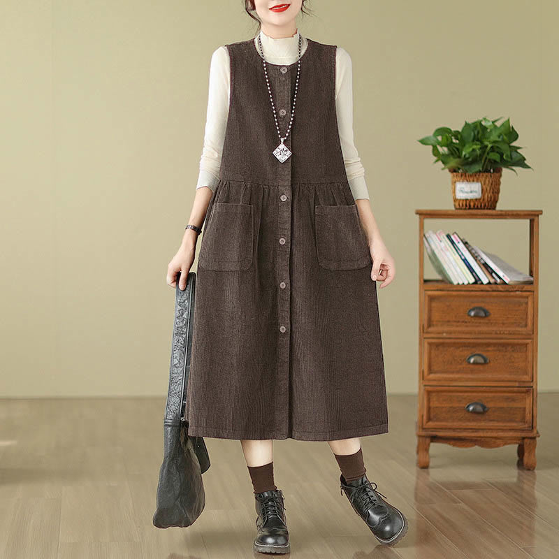 Nimara Ritual Fall Retro Buttons Design Corduroy Sleeveless Midi Dress With Pockets