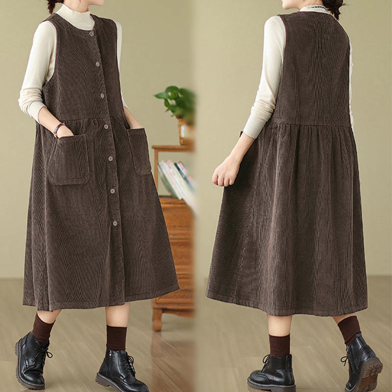 Nimara Ritual Fall Retro Buttons Design Corduroy Sleeveless Midi Dress With Pockets