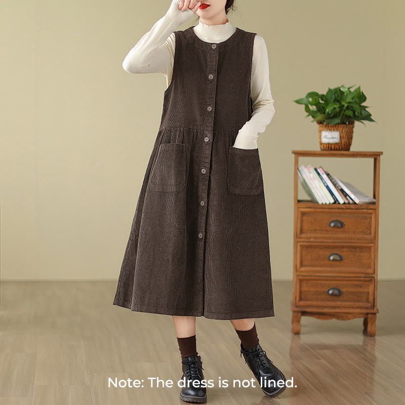 Nimara Ritual Fall Retro Buttons Design Corduroy Sleeveless Midi Dress With Pockets