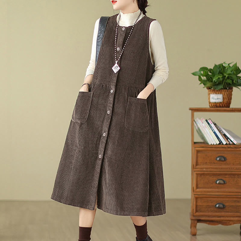 Nimara Ritual Fall Retro Buttons Design Corduroy Sleeveless Midi Dress With Pockets