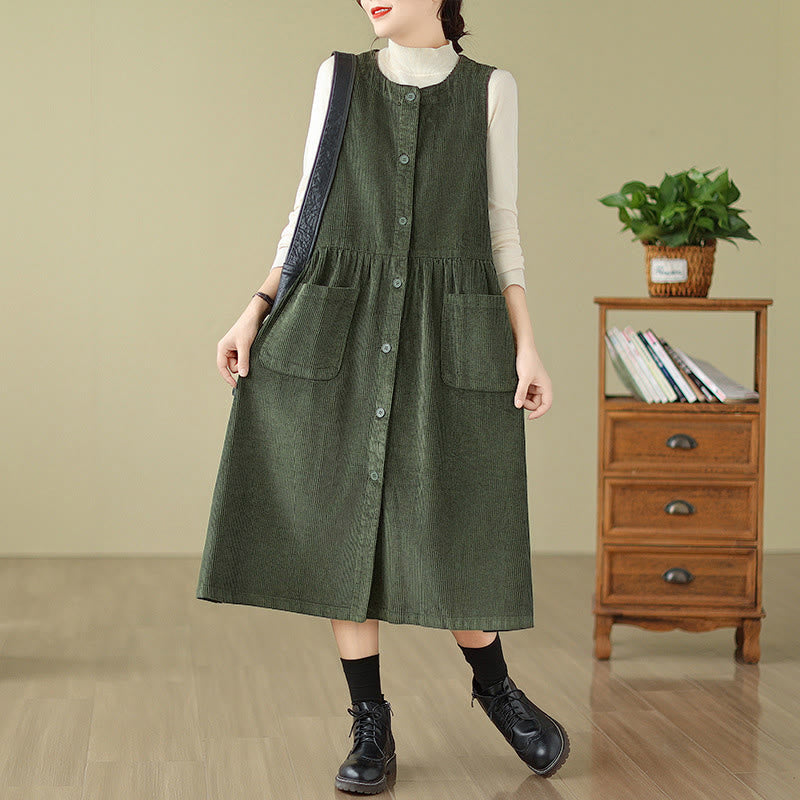 Nimara Ritual Fall Retro Buttons Design Corduroy Sleeveless Midi Dress With Pockets