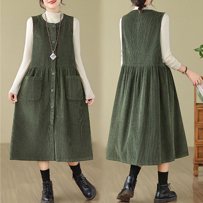 Nimara Ritual Fall Retro Buttons Design Corduroy Sleeveless Midi Dress With Pockets