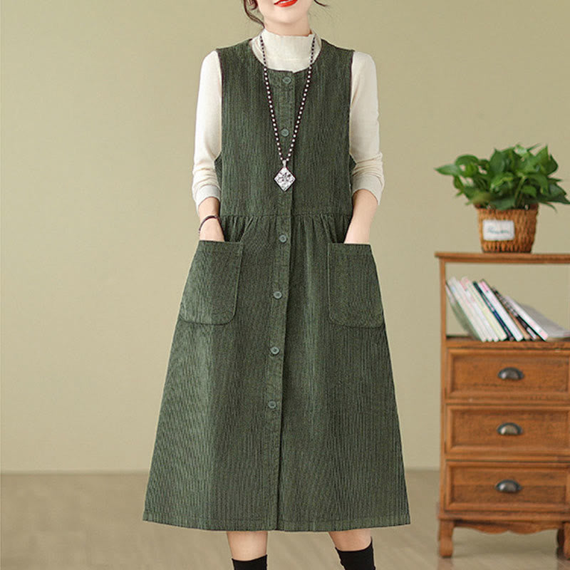 Nimara Ritual Fall Retro Buttons Design Corduroy Sleeveless Midi Dress With Pockets