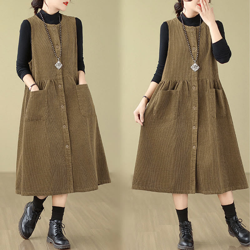 Nimara Ritual Fall Retro Buttons Design Corduroy Sleeveless Midi Dress With Pockets
