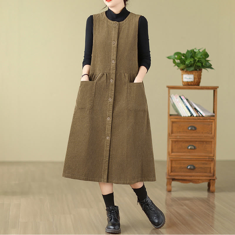 Nimara Ritual Fall Retro Buttons Design Corduroy Sleeveless Midi Dress With Pockets