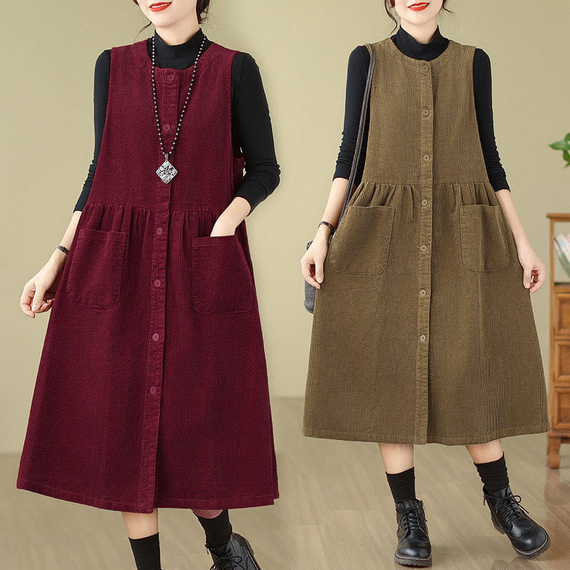 Nimara Ritual Fall Retro Buttons Design Corduroy Sleeveless Midi Dress With Pockets