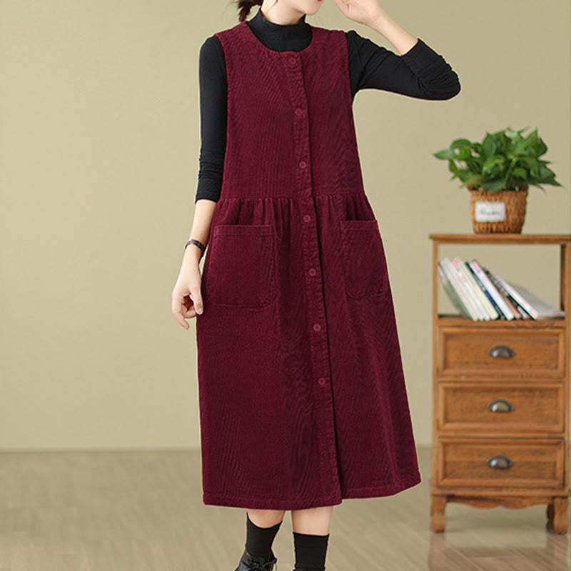 Nimara Ritual Fall Retro Buttons Design Corduroy Sleeveless Midi Dress With Pockets