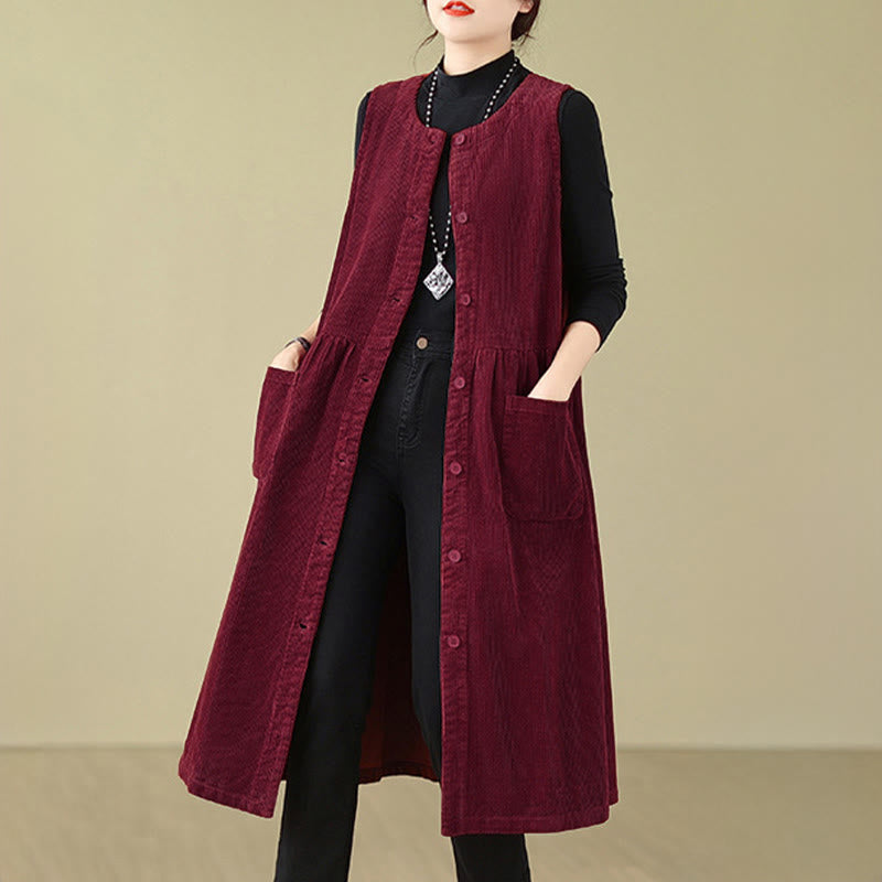Nimara Ritual Fall Retro Buttons Design Corduroy Sleeveless Midi Dress With Pockets