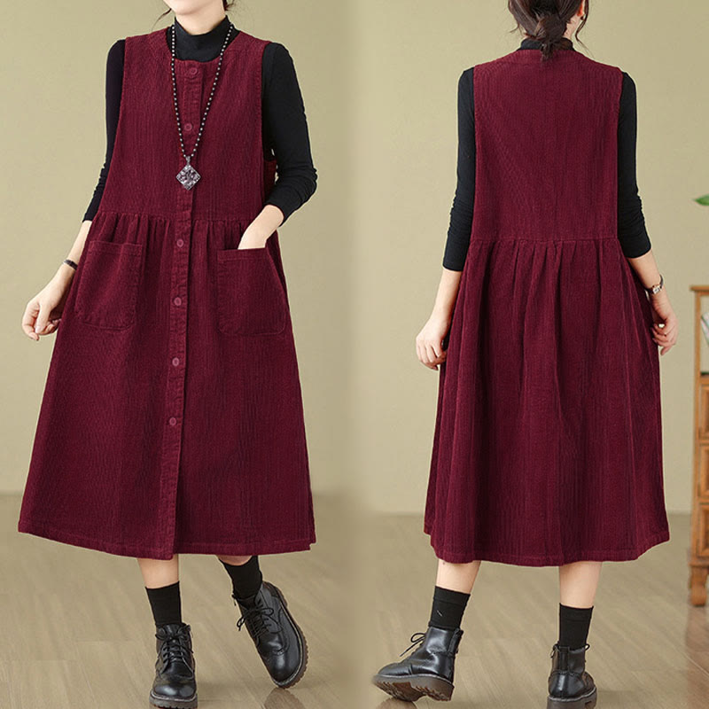 Nimara Ritual Fall Retro Buttons Design Corduroy Sleeveless Midi Dress With Pockets