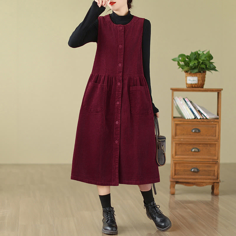 Nimara Ritual Fall Retro Buttons Design Corduroy Sleeveless Midi Dress With Pockets