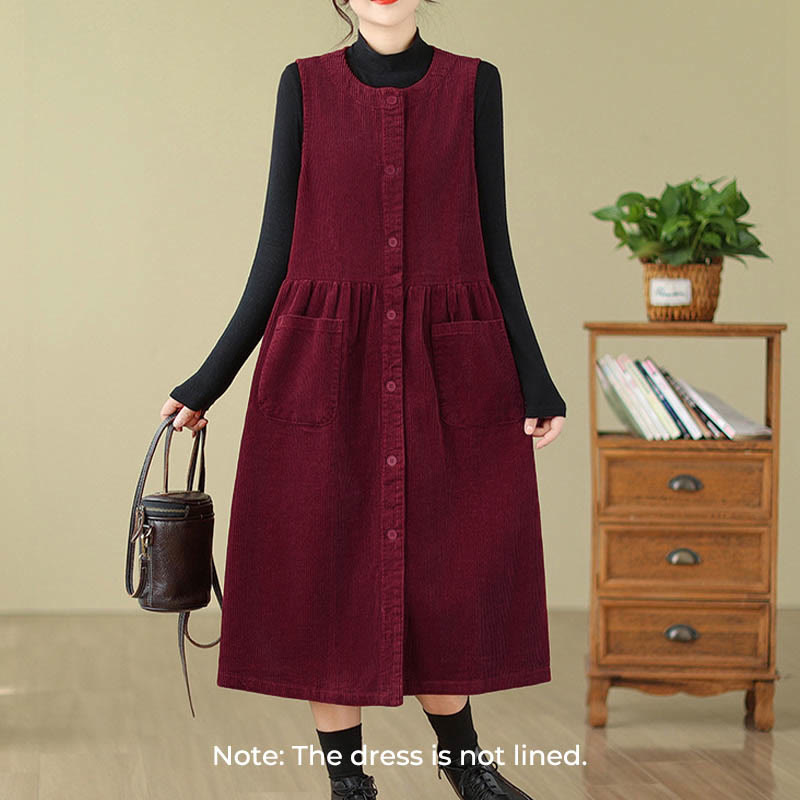 Nimara Ritual Fall Retro Buttons Design Corduroy Sleeveless Midi Dress With Pockets