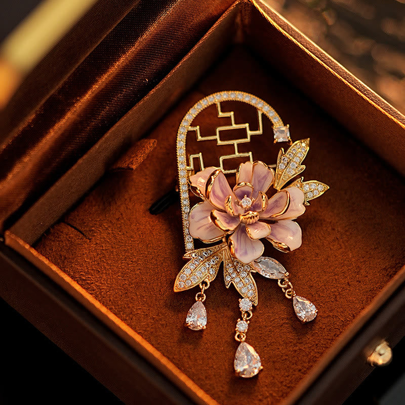 Nimara Ritual Chinese-style Window Purple Peony Flower Tassel Copper Brooch