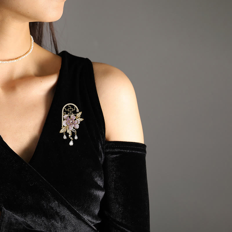 Nimara Ritual Chinese-style Window Purple Peony Flower Tassel Copper Brooch