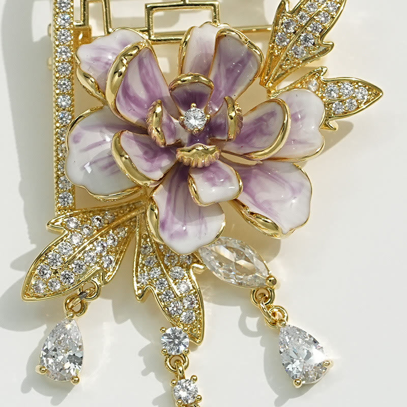 Nimara Ritual Chinese-style Window Purple Peony Flower Tassel Copper Brooch
