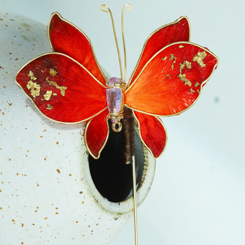 Nimara Ritual Handcrafted Silk Art Velvet Flower Red Butterfly Brooch
