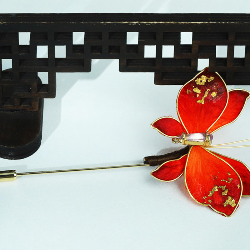 Nimara Ritual Handcrafted Silk Art Velvet Flower Red Butterfly Brooch