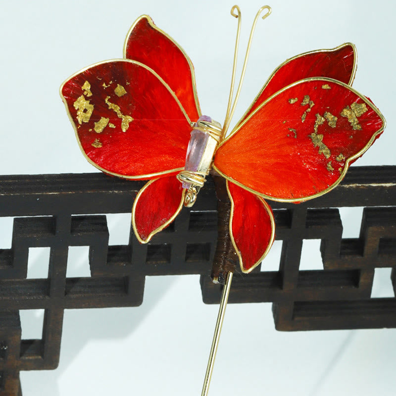 Nimara Ritual Handcrafted Silk Art Velvet Flower Red Butterfly Brooch