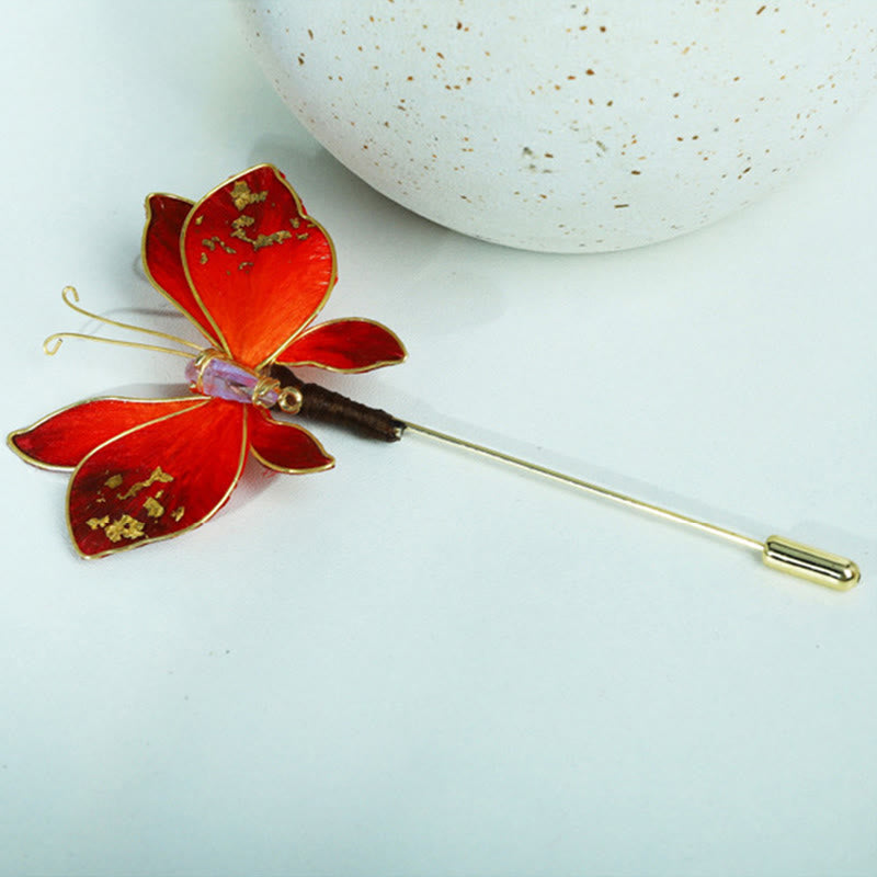 Nimara Ritual Handcrafted Silk Art Velvet Flower Red Butterfly Brooch