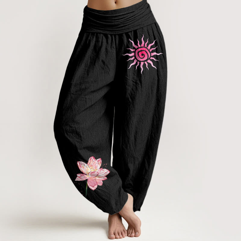 Nimara Ritual Cotton Lotus Flower Sun Pattern Women's Elastic Waist Harem Pants