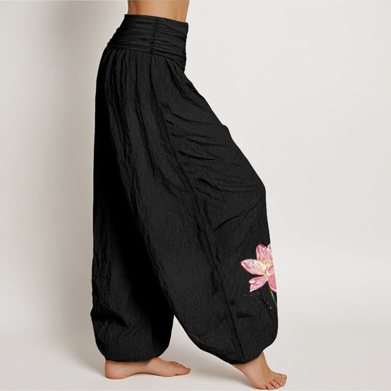 Nimara Ritual Cotton Lotus Flower Sun Pattern Women's Elastic Waist Harem Pants