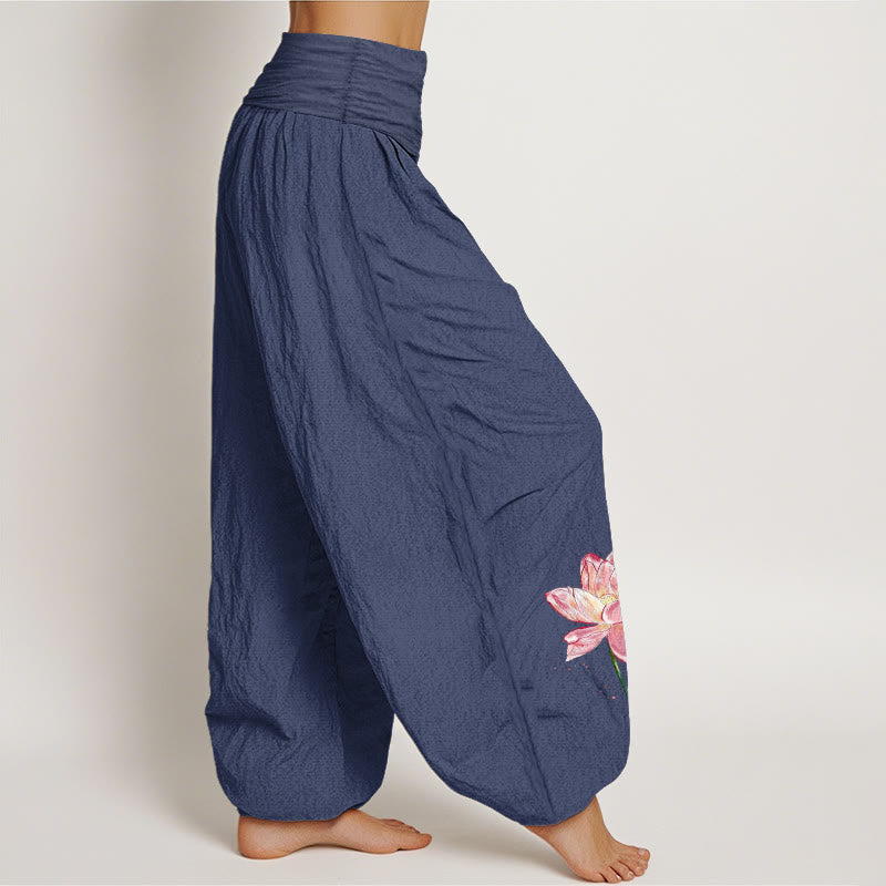 Nimara Ritual Cotton Lotus Flower Sun Pattern Women's Elastic Waist Harem Pants