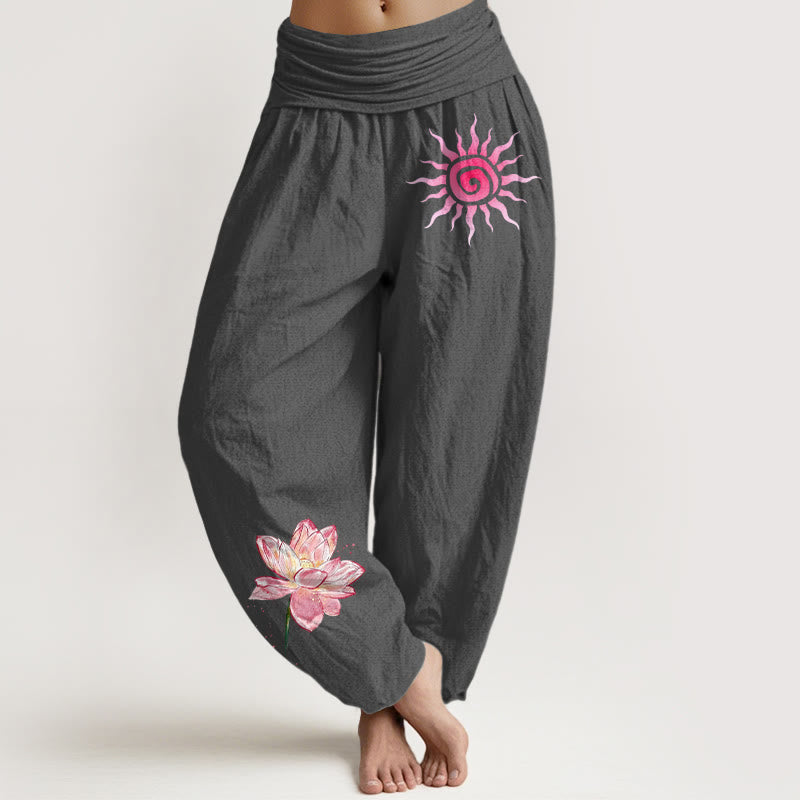 Nimara Ritual Cotton Lotus Flower Sun Pattern Women's Elastic Waist Harem Pants
