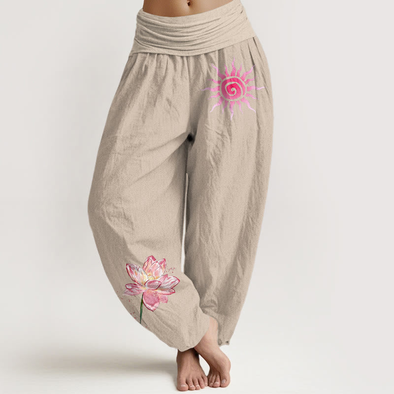 Nimara Ritual Cotton Lotus Flower Sun Pattern Women's Elastic Waist Harem Pants