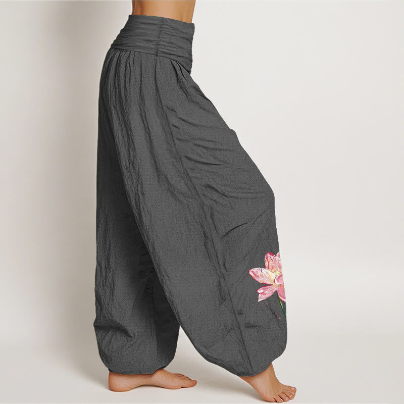Nimara Ritual Cotton Lotus Flower Sun Pattern Women's Elastic Waist Harem Pants