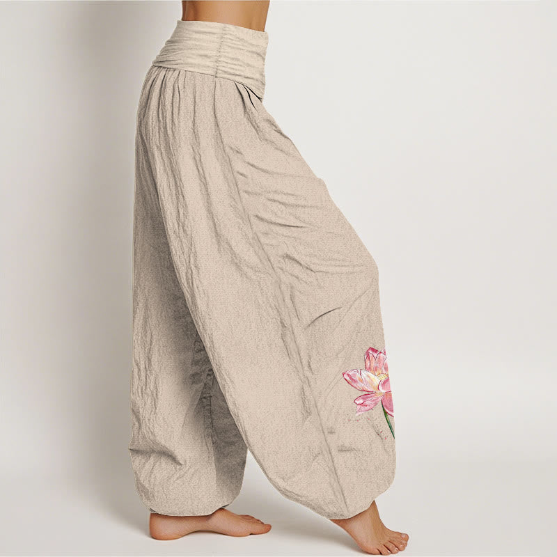 Nimara Ritual Cotton Lotus Flower Sun Pattern Women's Elastic Waist Harem Pants