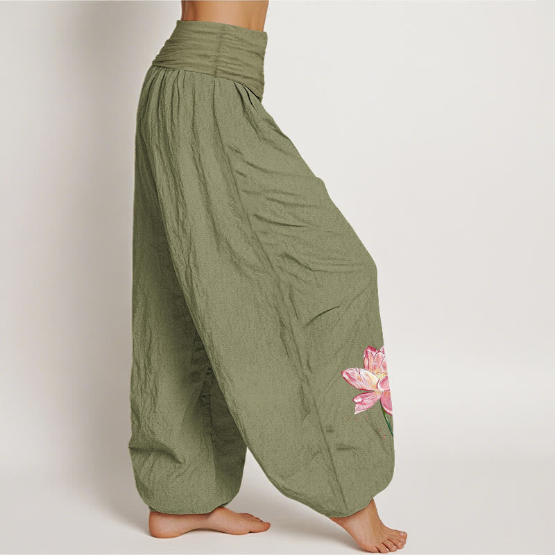 Nimara Ritual Cotton Lotus Flower Sun Pattern Women's Elastic Waist Harem Pants