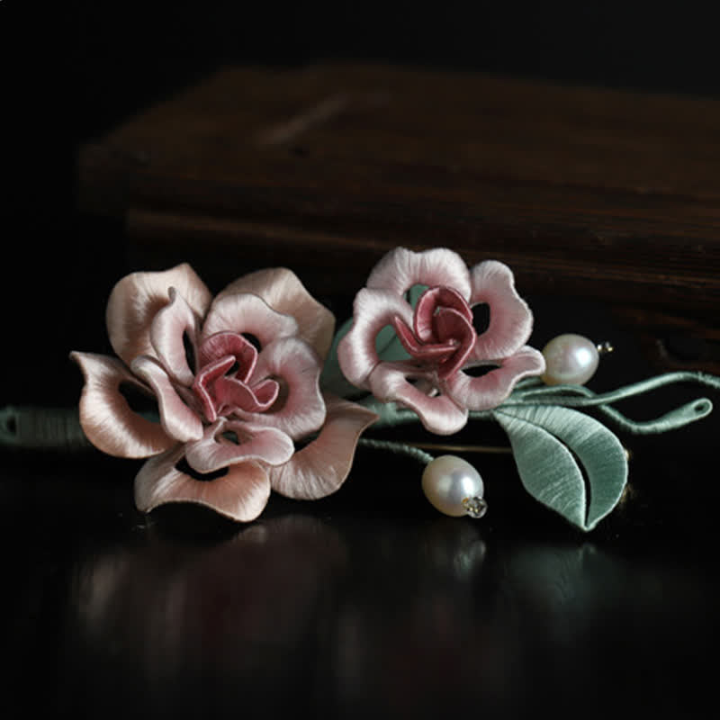 Nimara Ritual Handcrafted Silk Art Twin Rose Flower Blessing Harmony Brooch