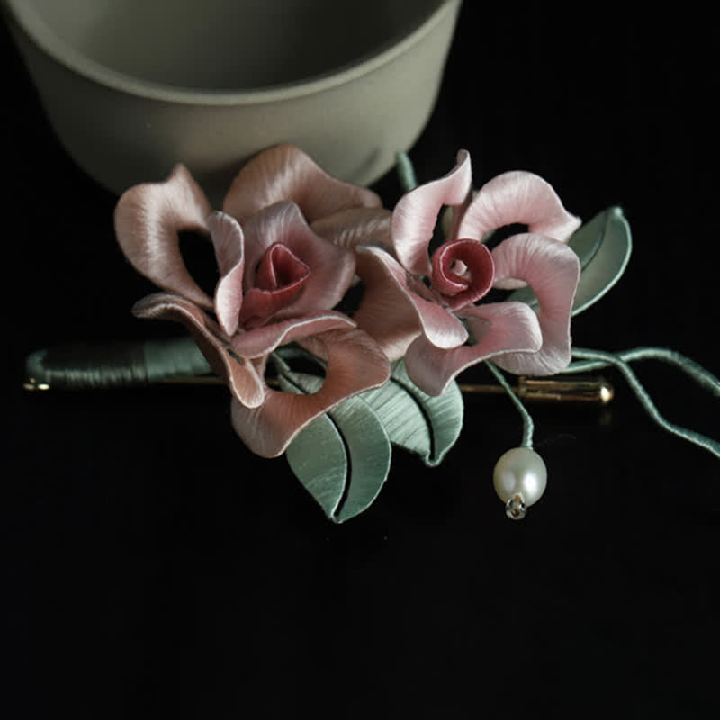 Nimara Ritual Handcrafted Silk Art Twin Rose Flower Blessing Harmony Brooch