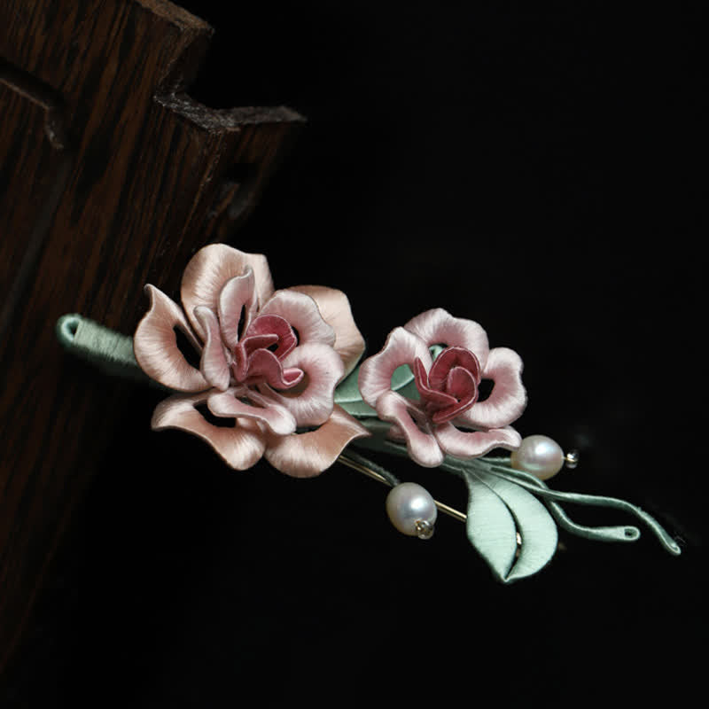 Nimara Ritual Handcrafted Silk Art Twin Rose Flower Blessing Harmony Brooch