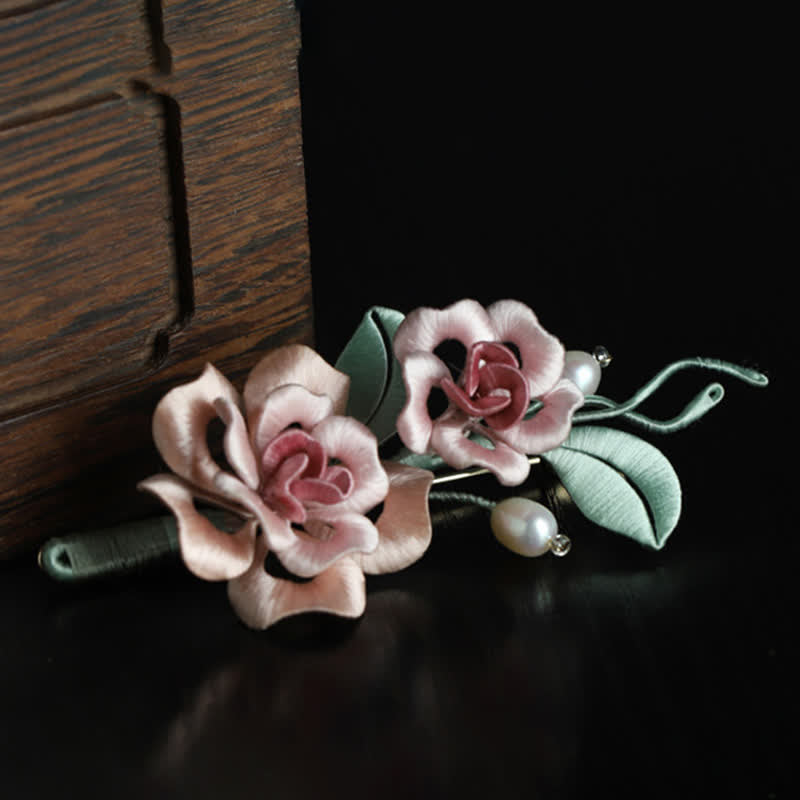 Nimara Ritual Handcrafted Silk Art Twin Rose Flower Blessing Harmony Brooch